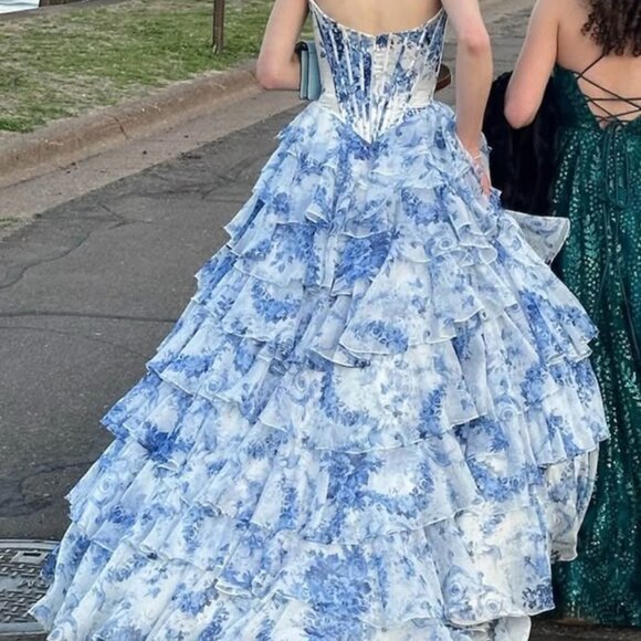 Gorgeous Sherri Hill Blue and White Floral Prom Dress - Picture 3 of 7